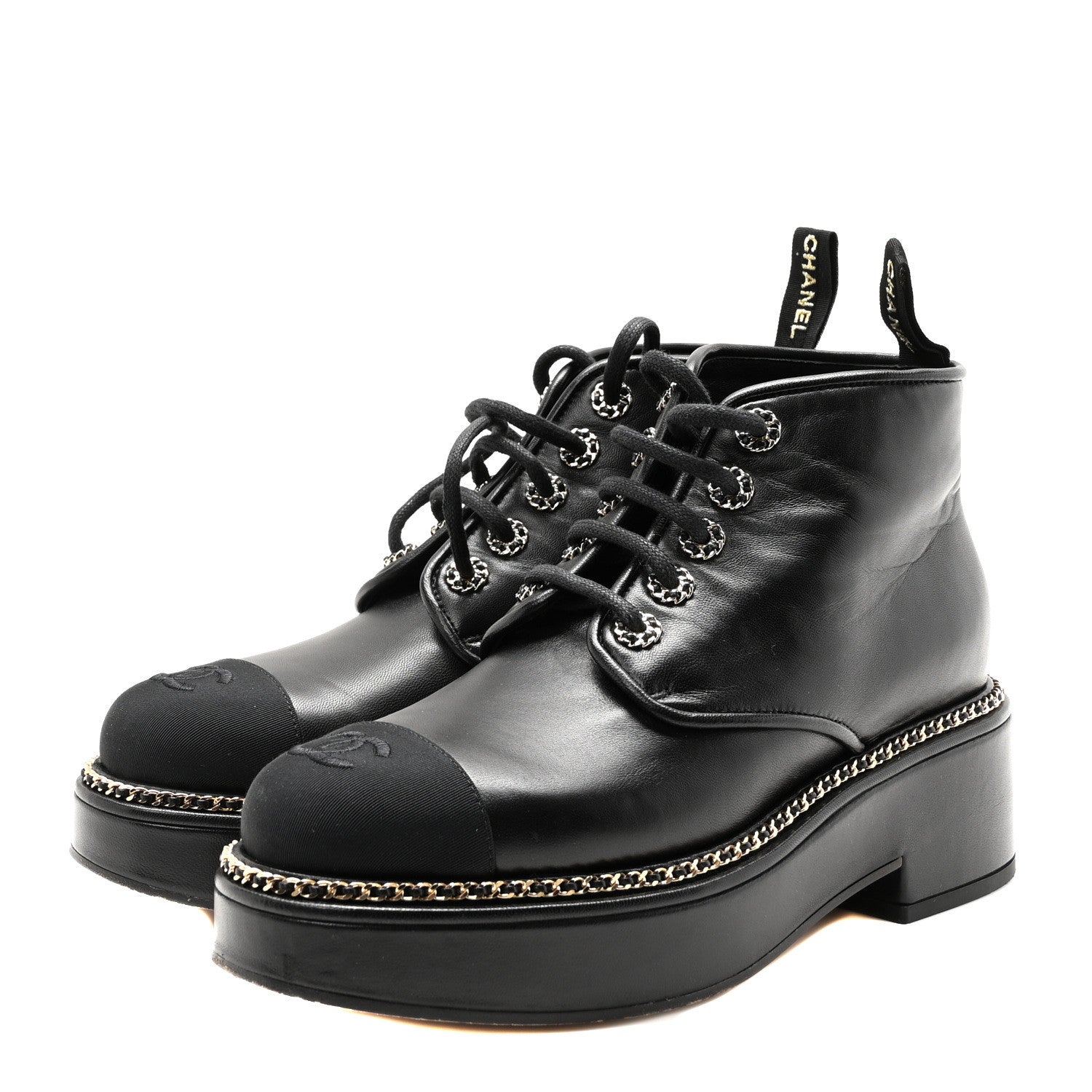 Chanel Calfskin Grosgrain Chain Lace Up CC Short Boots 40 Black 4 of 9
