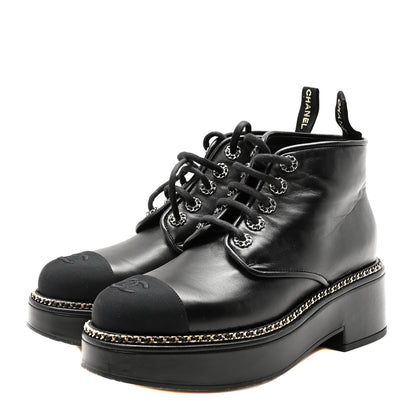 Chanel Calfskin Grosgrain Chain Lace Up CC Short Boots 40 Black 4 of 9