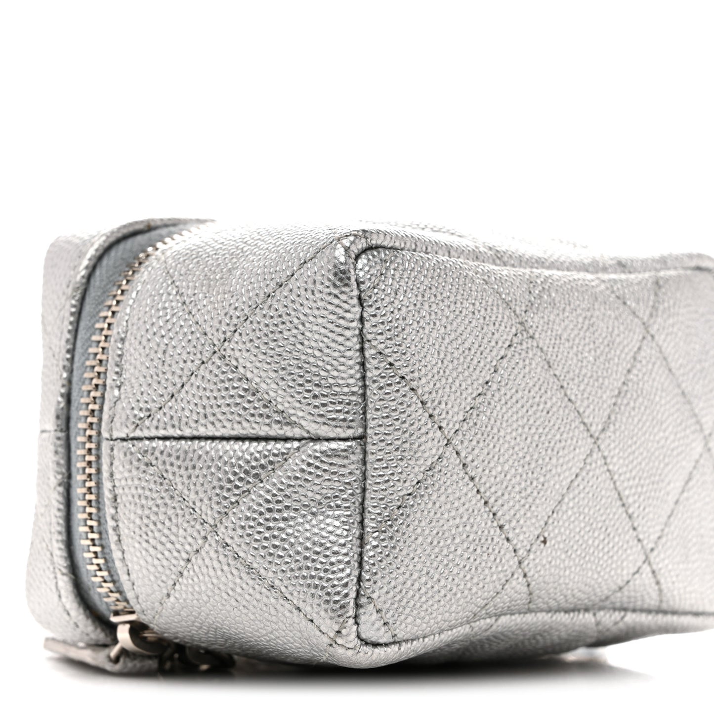 Metallic Caviar Quilted Mini Top Handle Vanity With Chain Silver