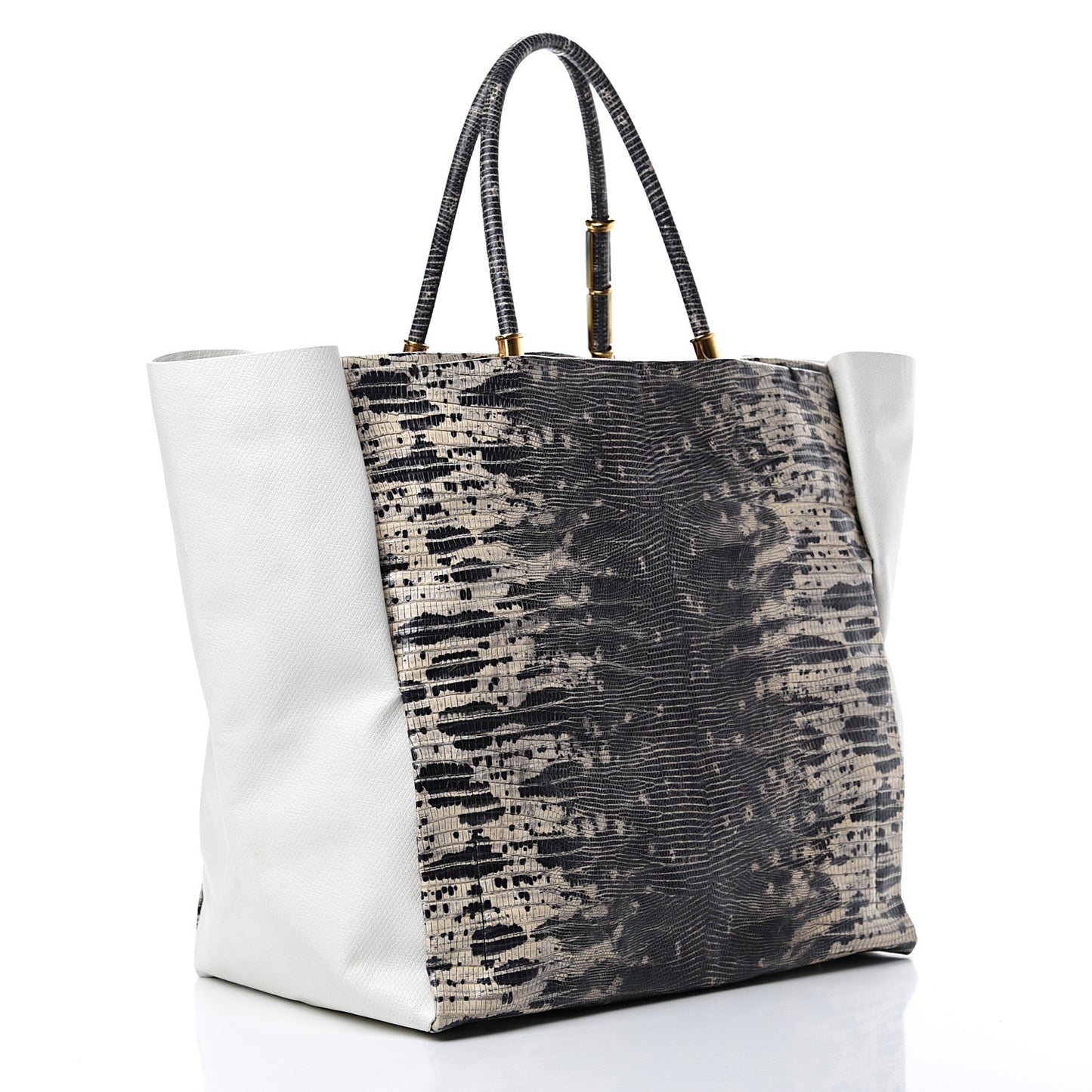 Lizard Effect Calfskin Moon River Tote Black White