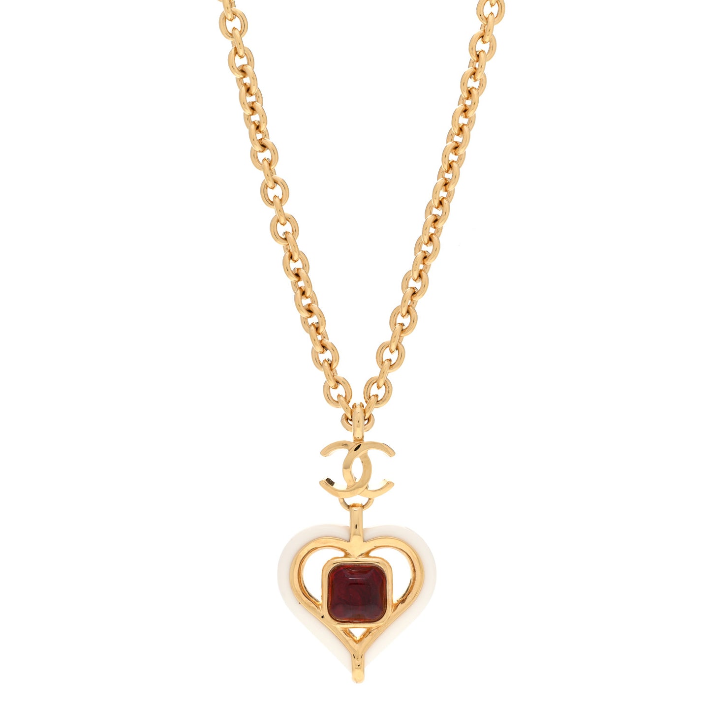 Resin Crystal Heart CC Pendant Necklace Red White Gold