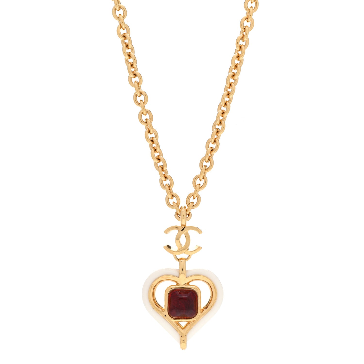 Chanel Resin Crystal Heart CC Pendant Necklace Red White Gold 1 of 5