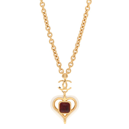 Chanel Resin Crystal Heart CC Pendant Necklace Red White Gold 1 of 5