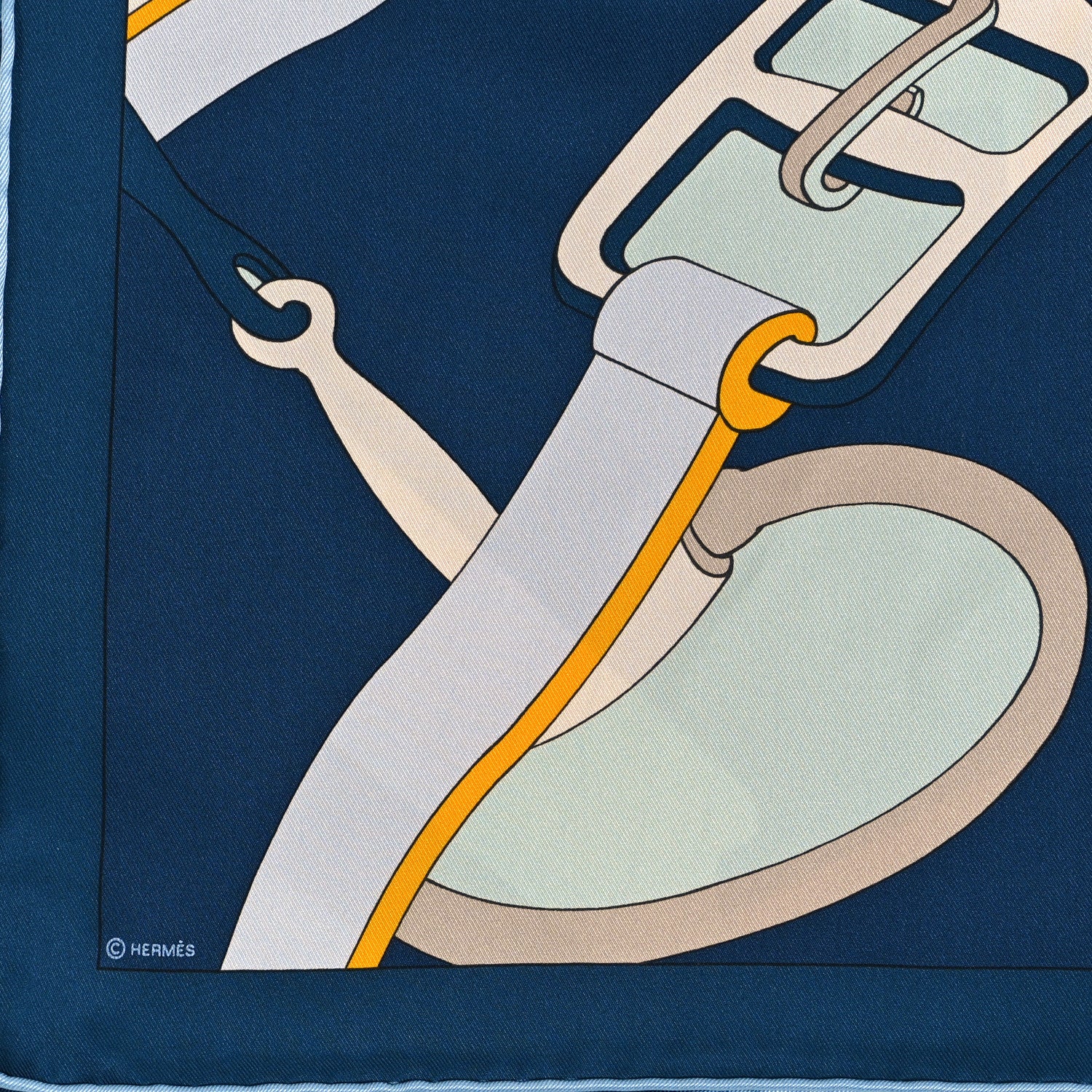 Hermes Silk Selle En Desordre Pocket Square Marine Aqua Jaune 3 of 4