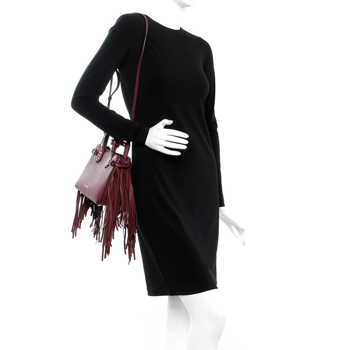 Grainy Calfskin Studded Fringe Baby Banner Tote Damson Magenta