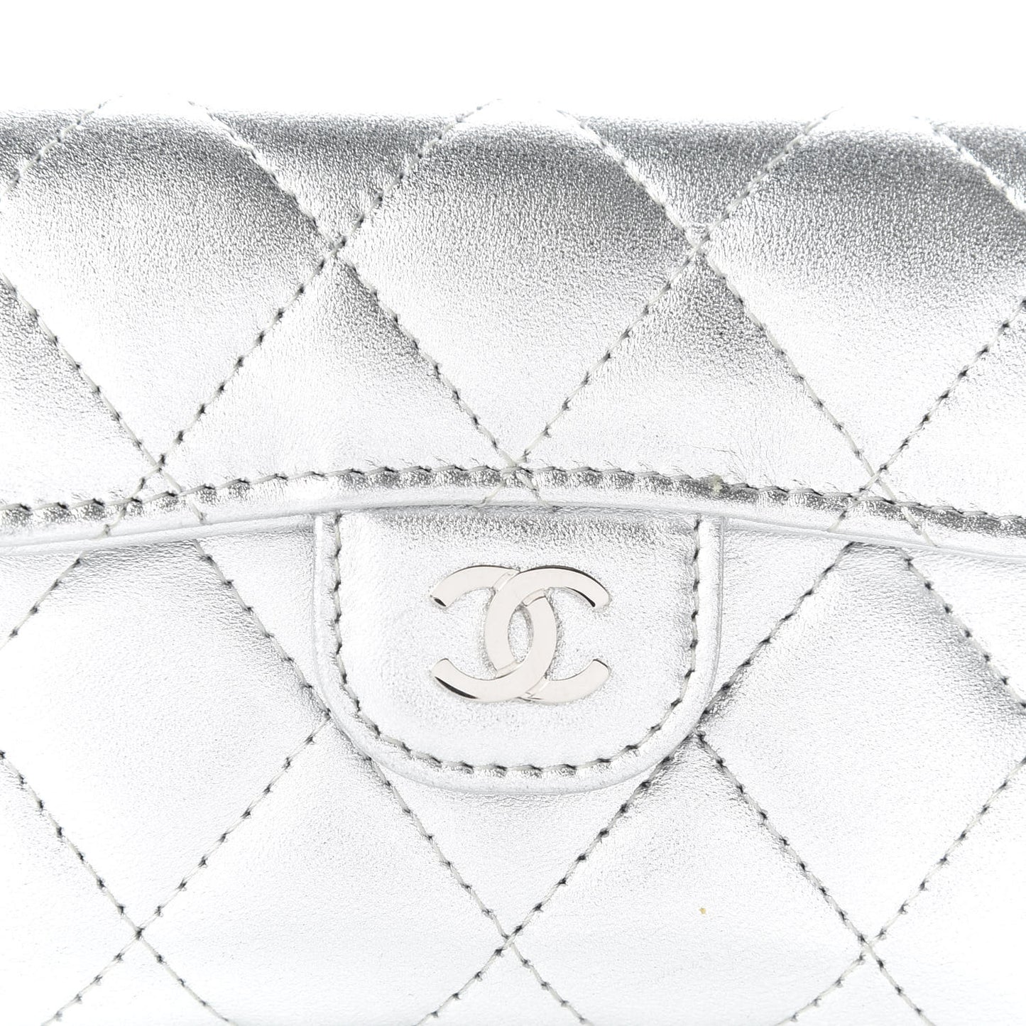 Metallic Lambskin Quilted Flap Card Holder Wallet Silver