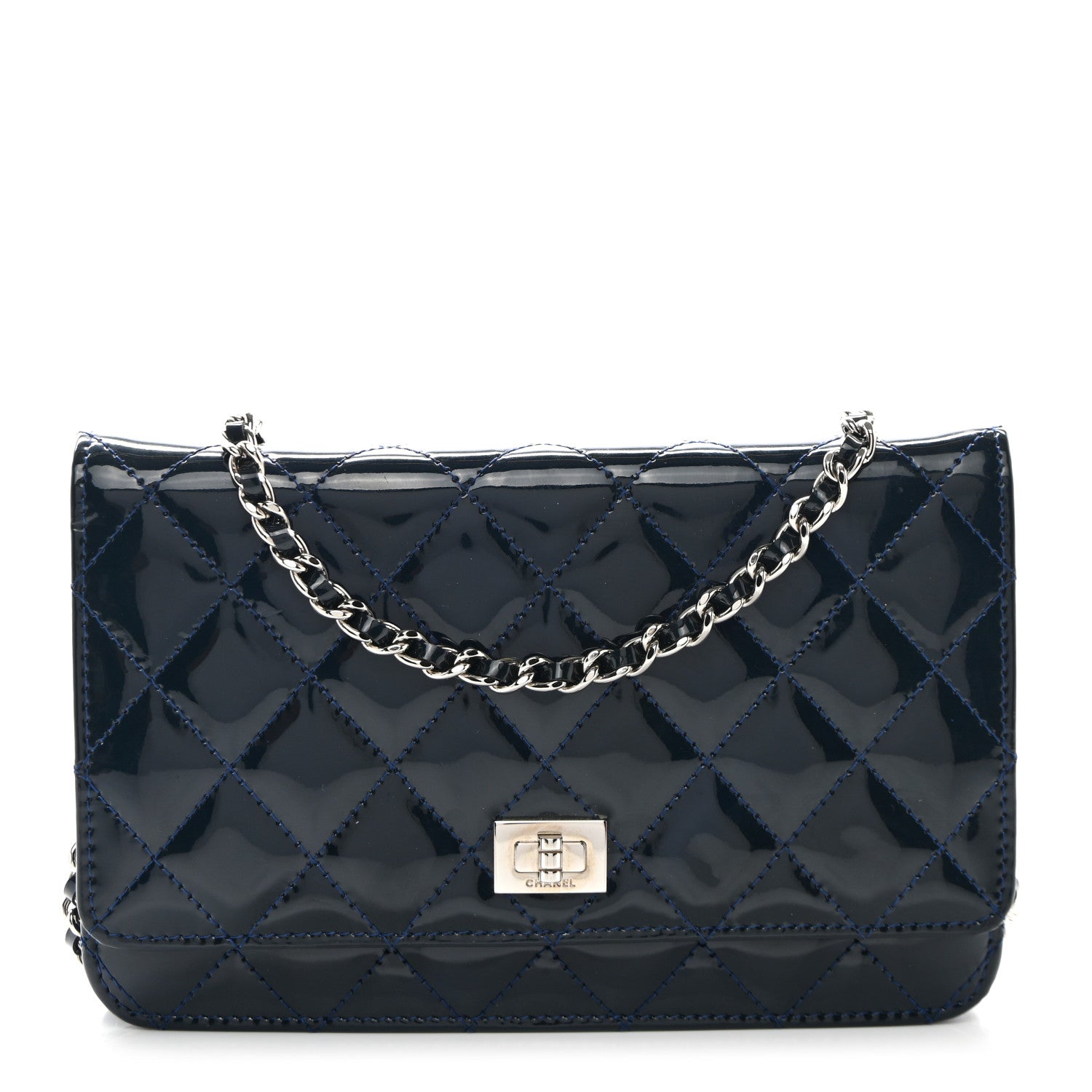 Chanel Patent Calfskin Quilted Reissue Wallet On Chain WOC Dark Navy Blue 1 of 13