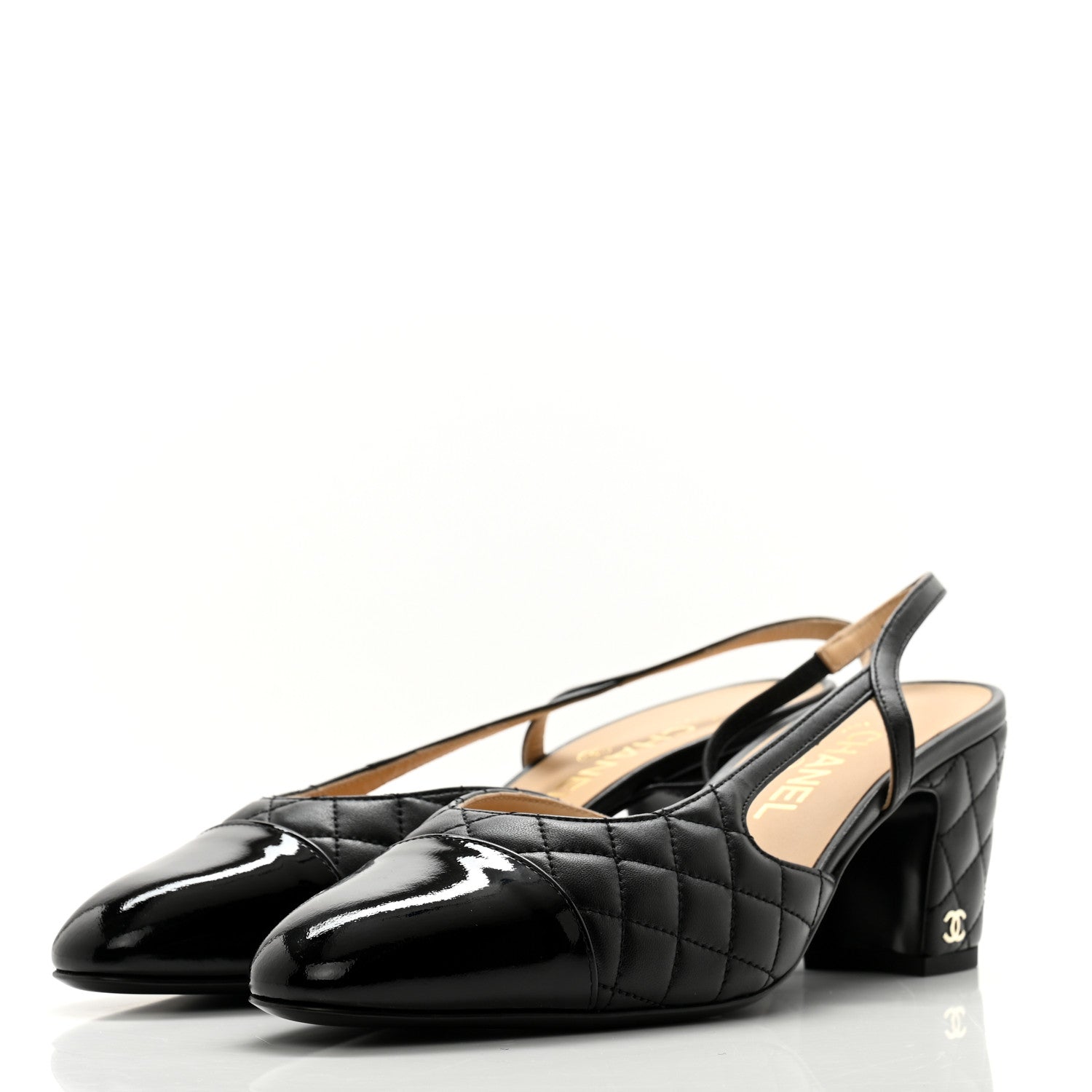 Chanel Lambskin Patent Calfskin Quilted Cap Toe CC Slingback Pumps 40.5 Black 3 of 9