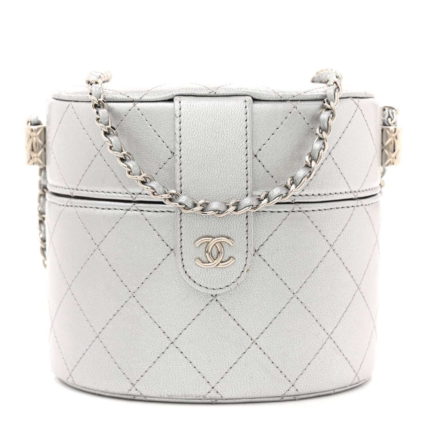 Chanel Metallic Lambskin Quilted Round Vanity Case With Chain Silver 1 of 10