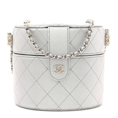 Chanel Metallic Lambskin Quilted Round Vanity Case With Chain Silver 1 of 10