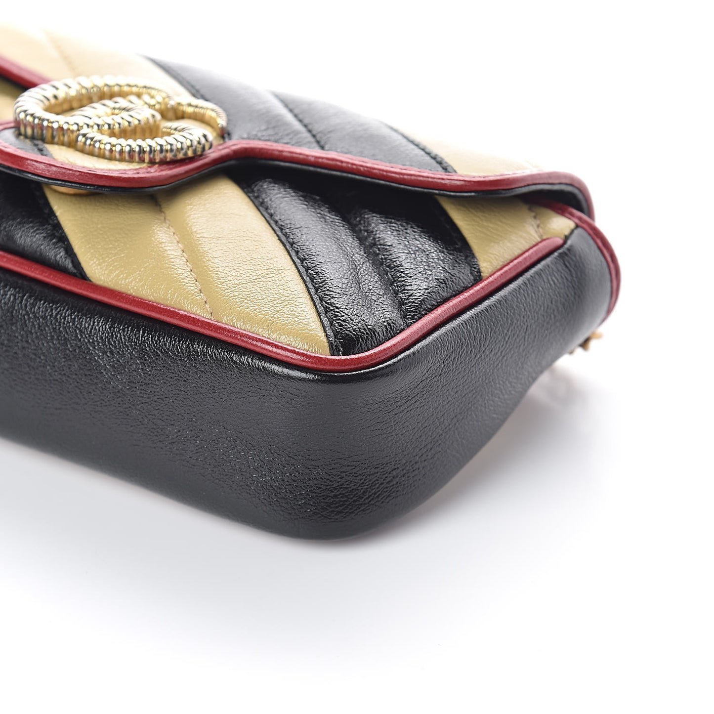 Vintage Effect Calfskin Matelasse Diagonal Striped Super Mini Torchon GG Marmont Shoulder Bag Black Beige