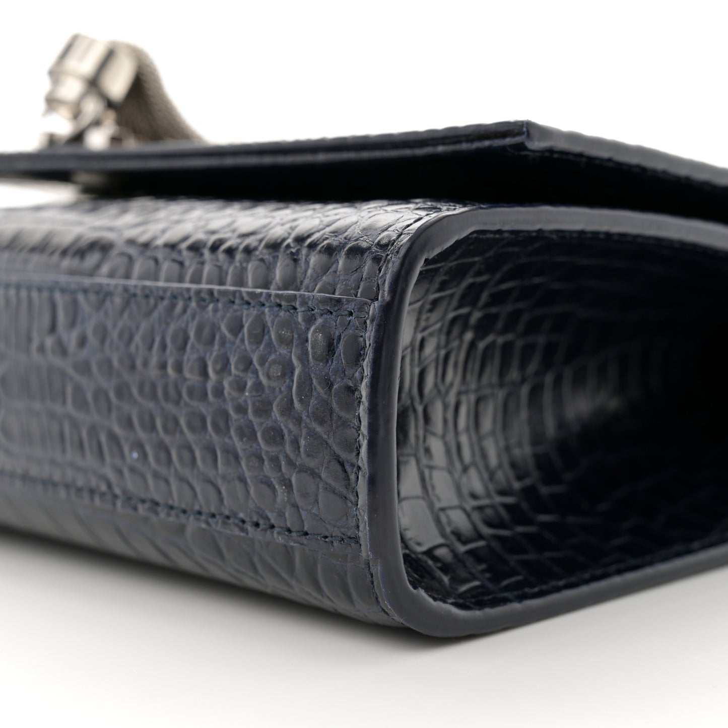 Calfskin Crocodile Embossed Medium Classic Monogram Kate Tassel Satchel Deep Marine