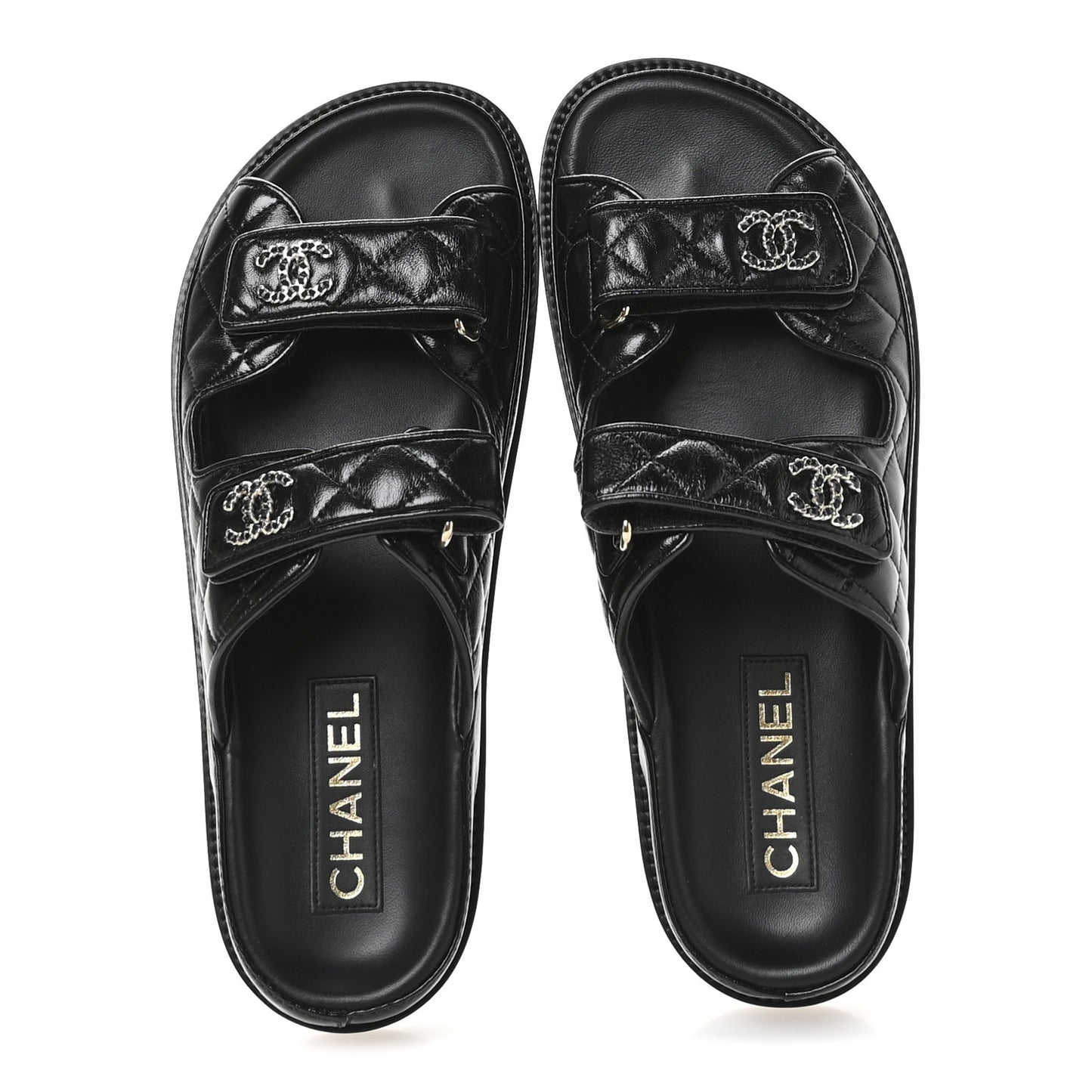 Lambskin Quilted Velcro Dad Chain CC Slide Sandals 39 Black