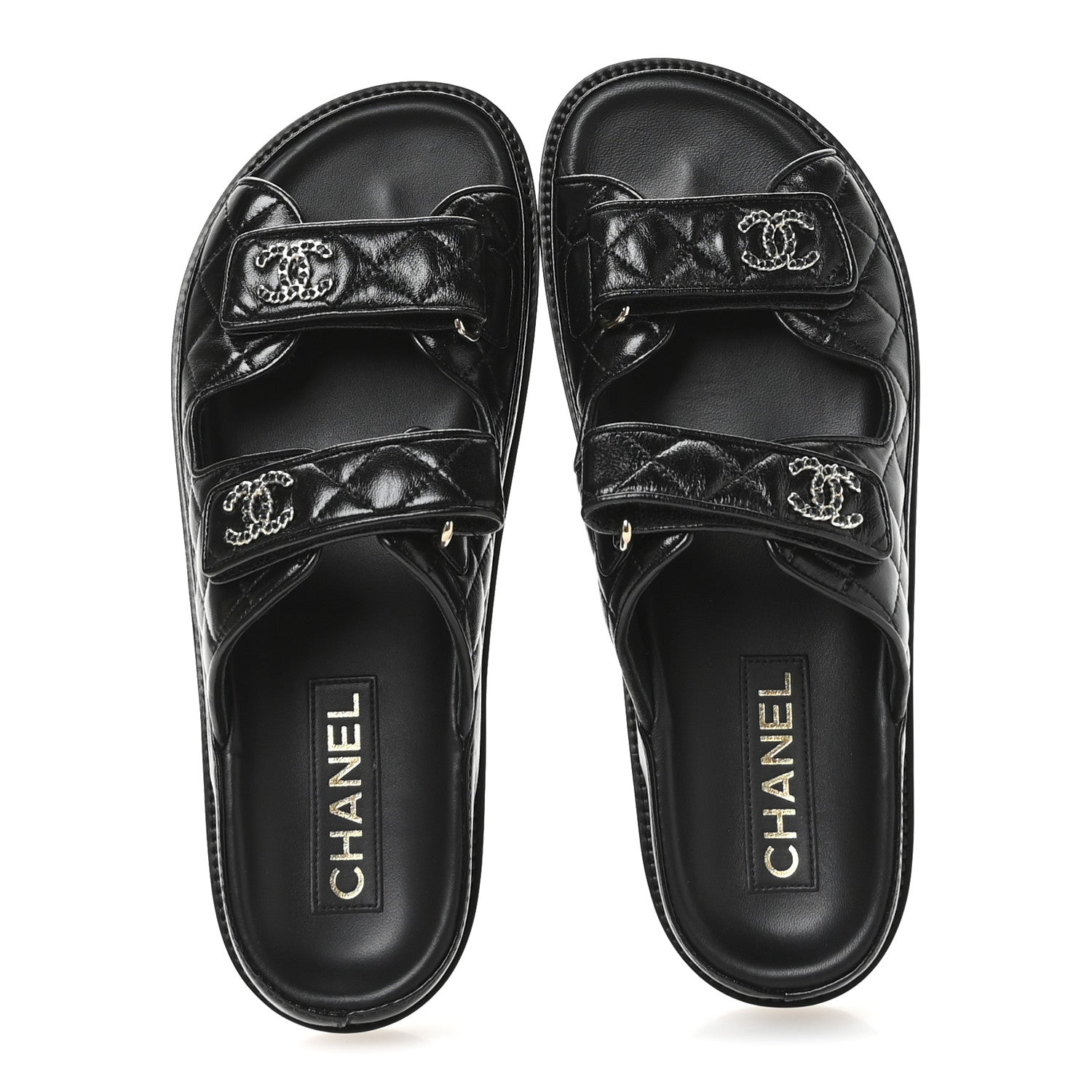 Chanel Lambskin Quilted Velcro Dad Chain CC Slide Sandals 39 Black 2 of 10