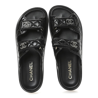 Chanel Lambskin Quilted Velcro Dad Chain CC Slide Sandals 39 Black 2 of 10