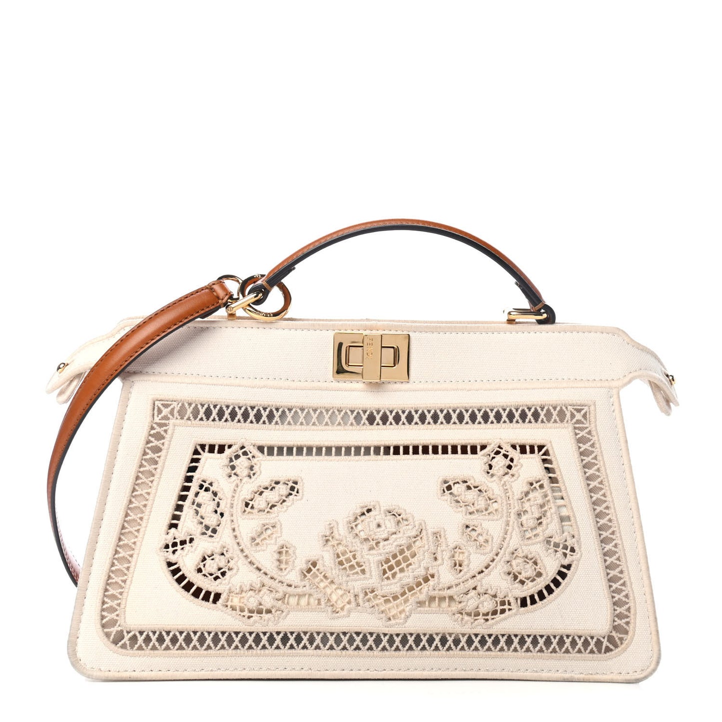 Canvas Vitello Floral Ajour Embroidered Medium Peekaboo I SEE U East West Satchel Natural Brown