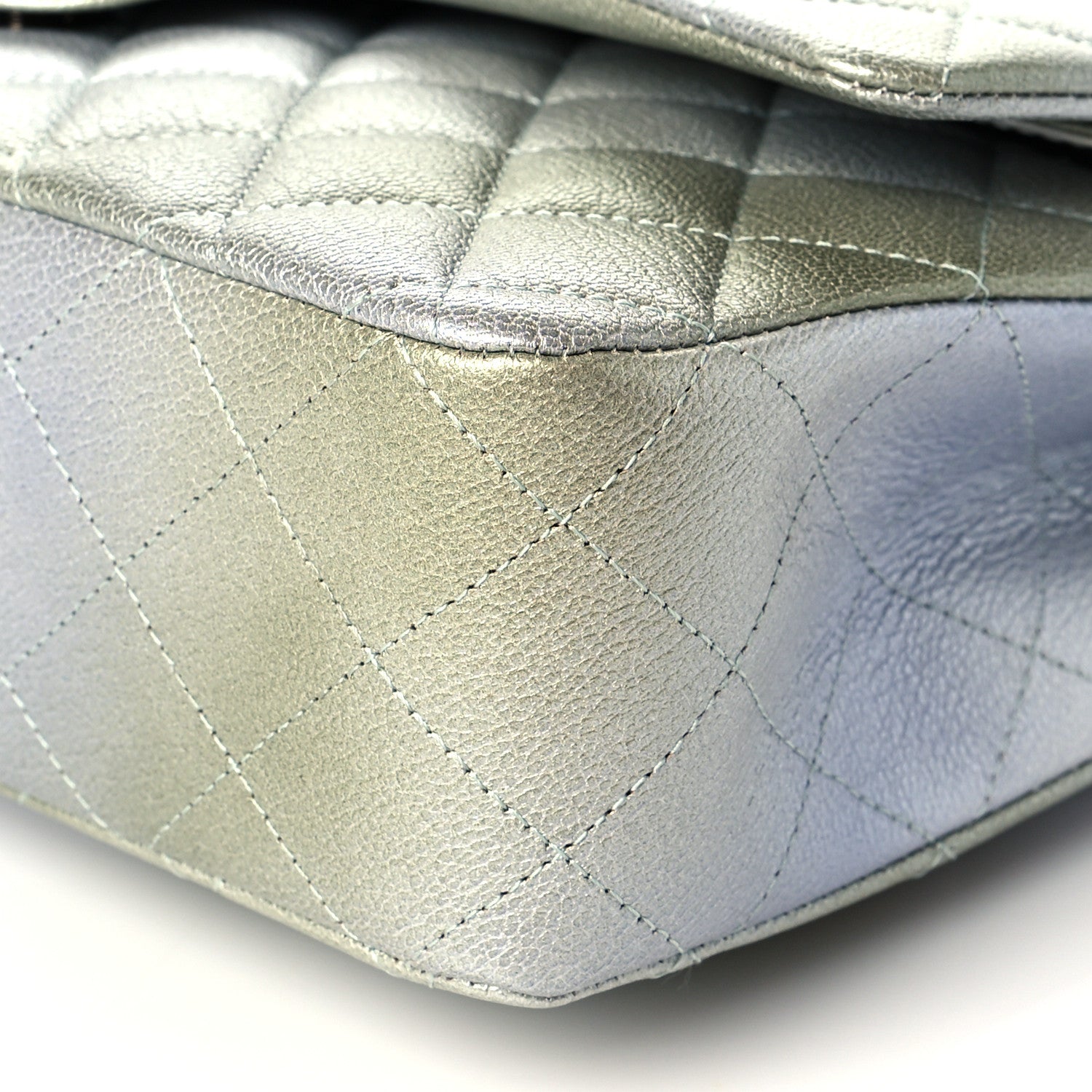 Chanel Metallic Goatskin Quilted Ombre Medium Double Flap Grey Green 10 of 11