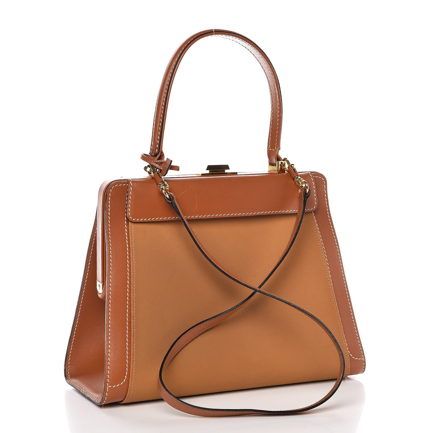 Delvaux Calfskin Canvas Top Handle Frame Bag Brown 4 of 8
