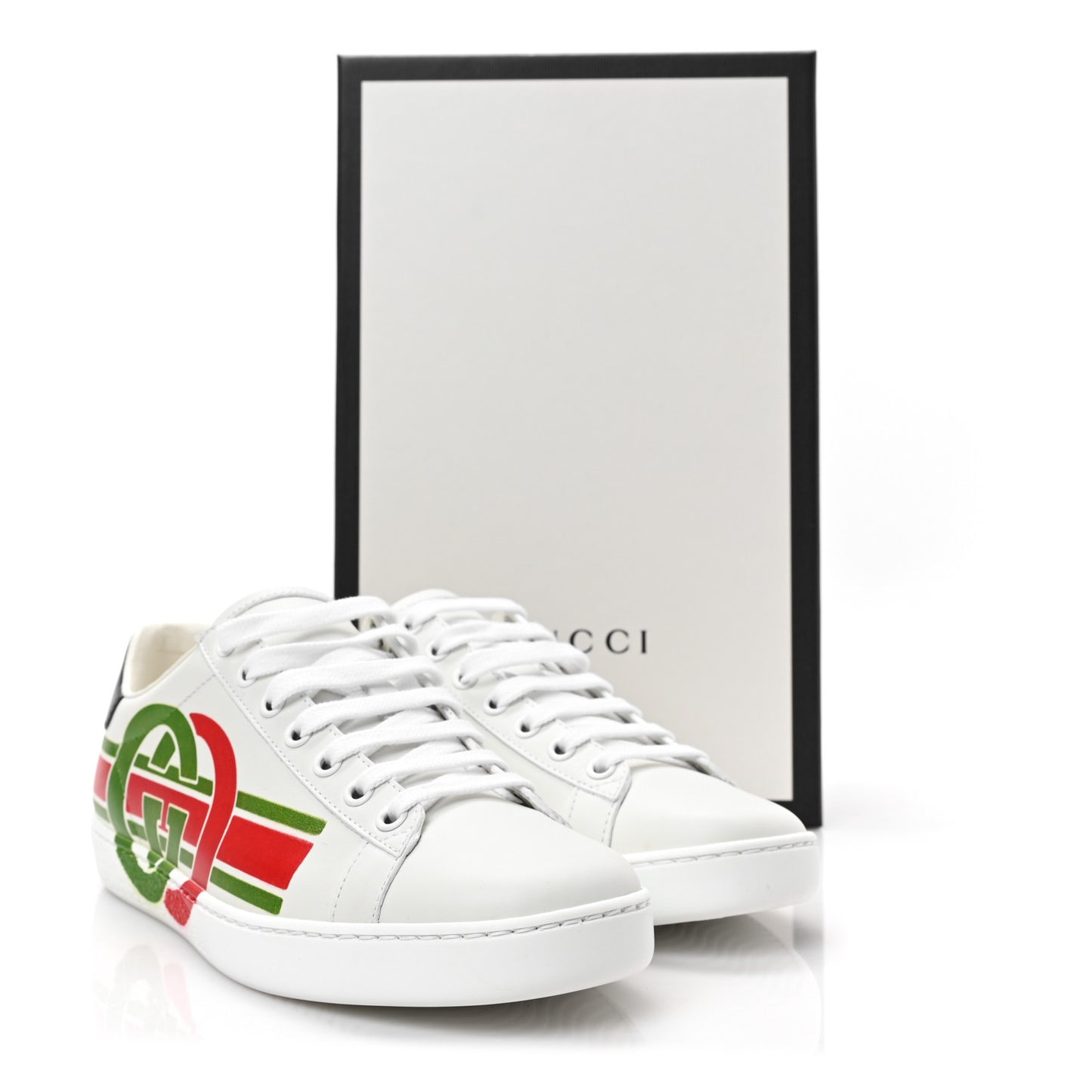 Calfskin Interlocking G Womens New Ace Sneakers 37 White Red Flame Green