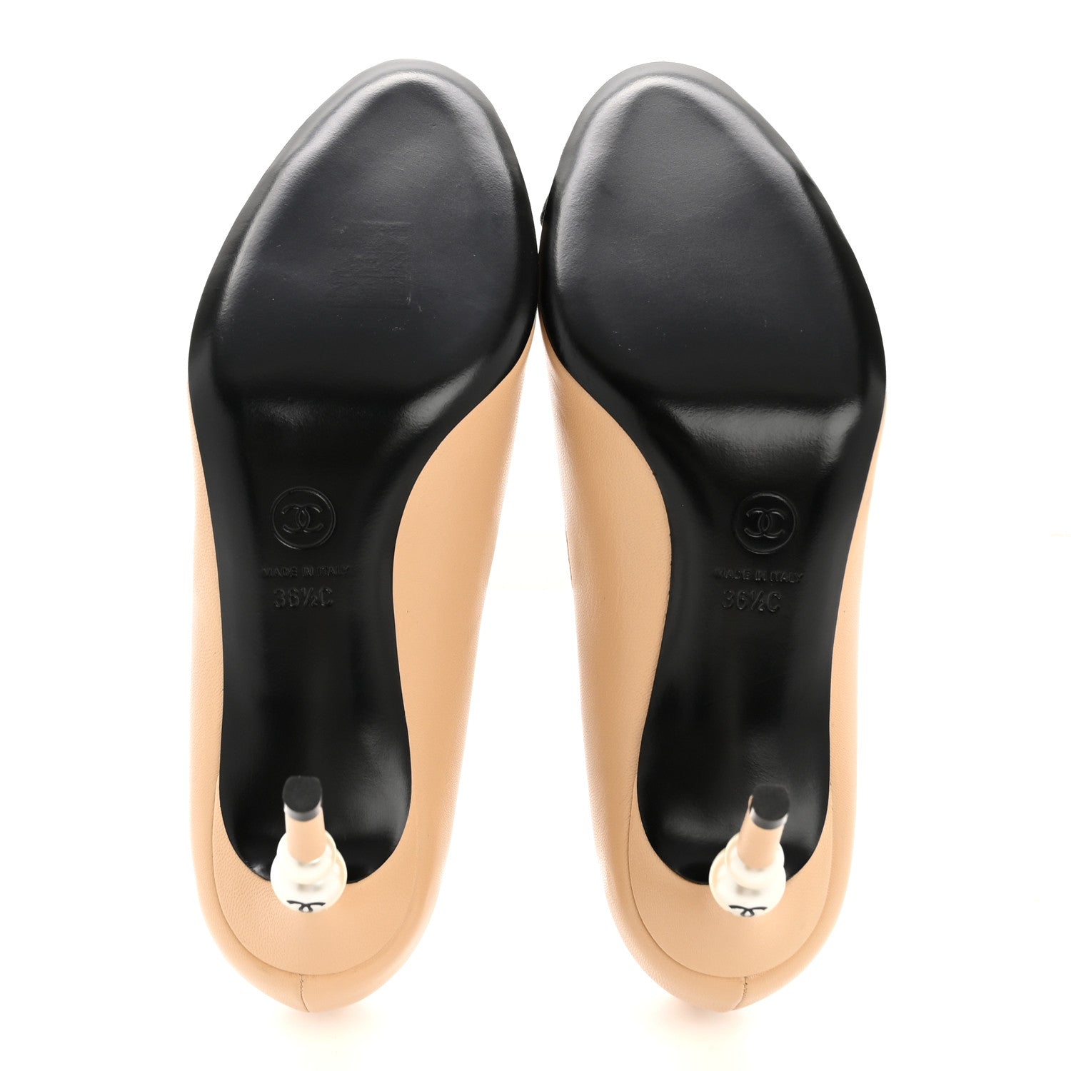 Chanel Lambskin Grosgrain Pearl Cap Toe Pumps 36.5 Beige Black