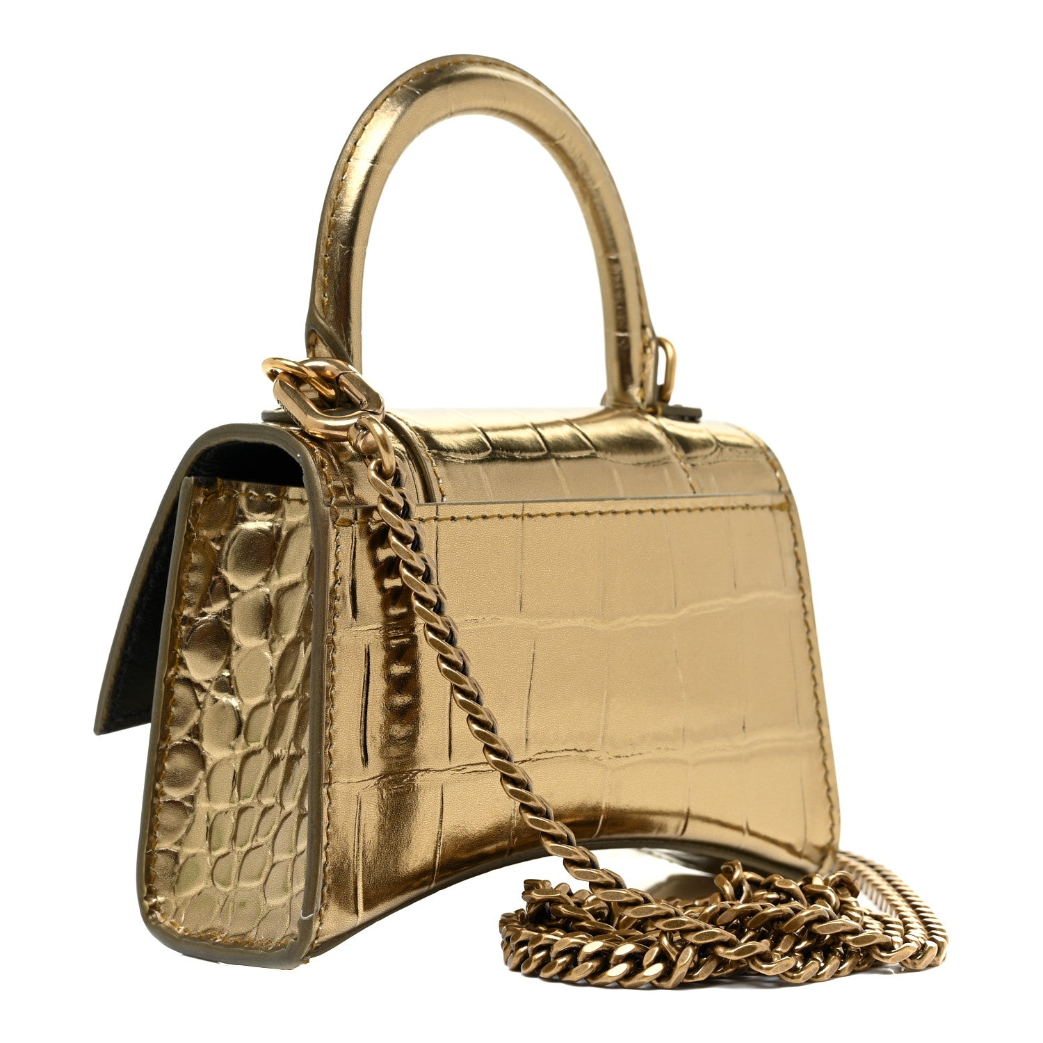 Balenciaga Metallic Calfskin Crocodile Embossed Hourglass Top Handle Bag Mini with Chain Gold 3 of 12