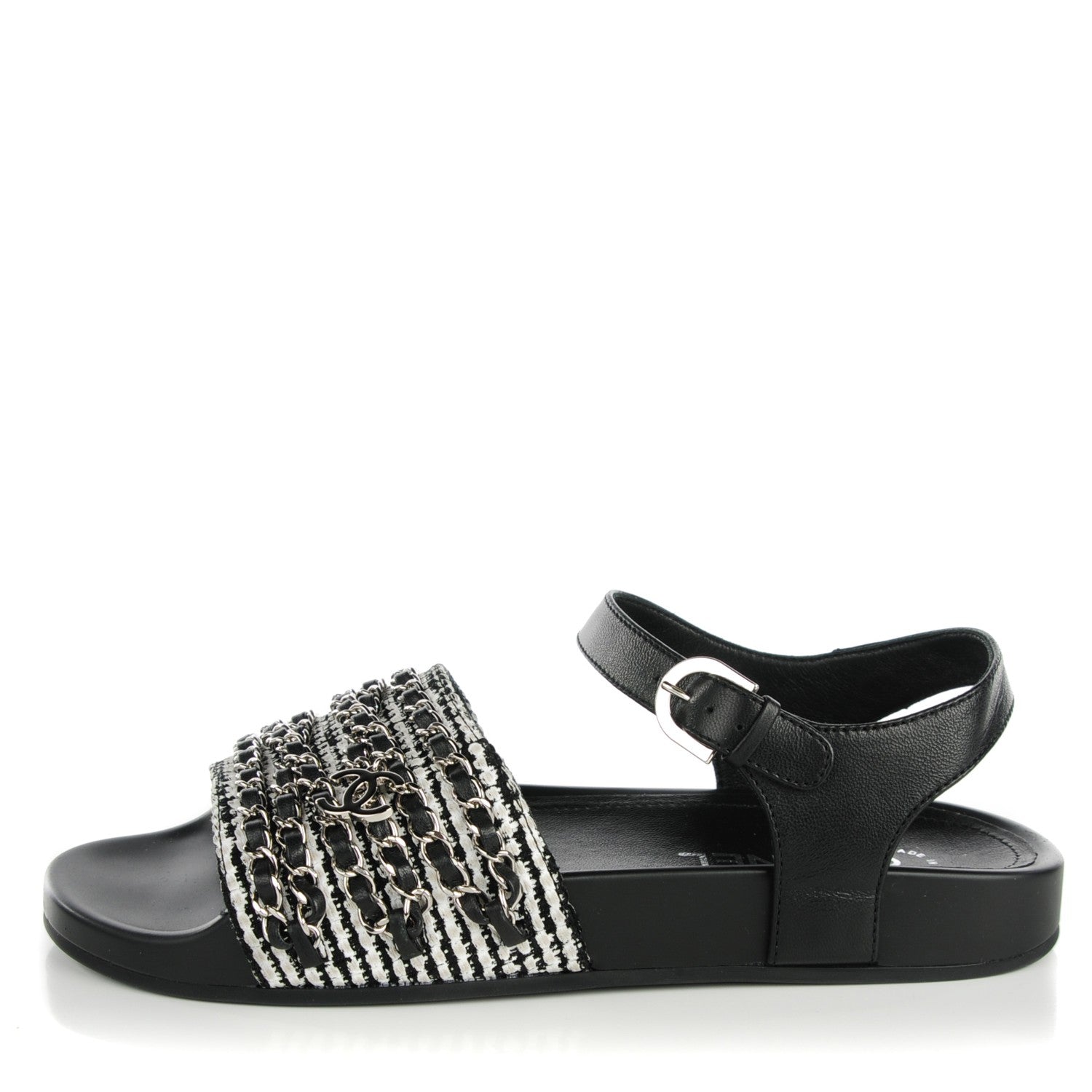 Chanel Tweed Lambskin Chain Flat Sandals 38 Black White 1 of 9