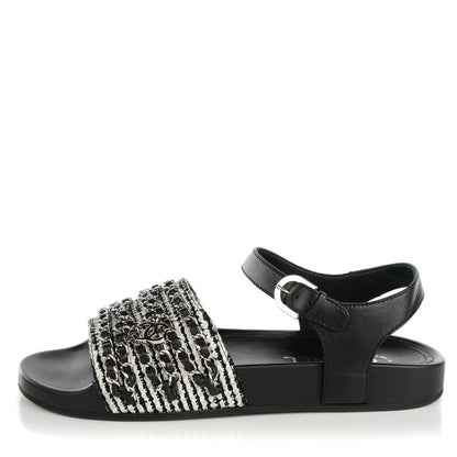 Chanel Tweed Lambskin Chain Flat Sandals 38 Black White 1 of 9