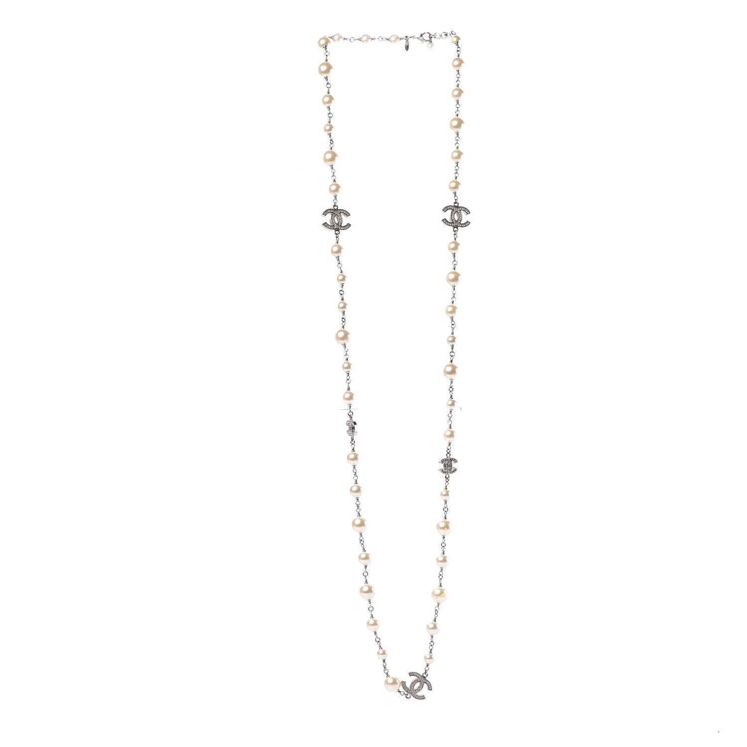 Chanel Pearl Crystal CC Necklace Silver Pearly White 3 of 12
