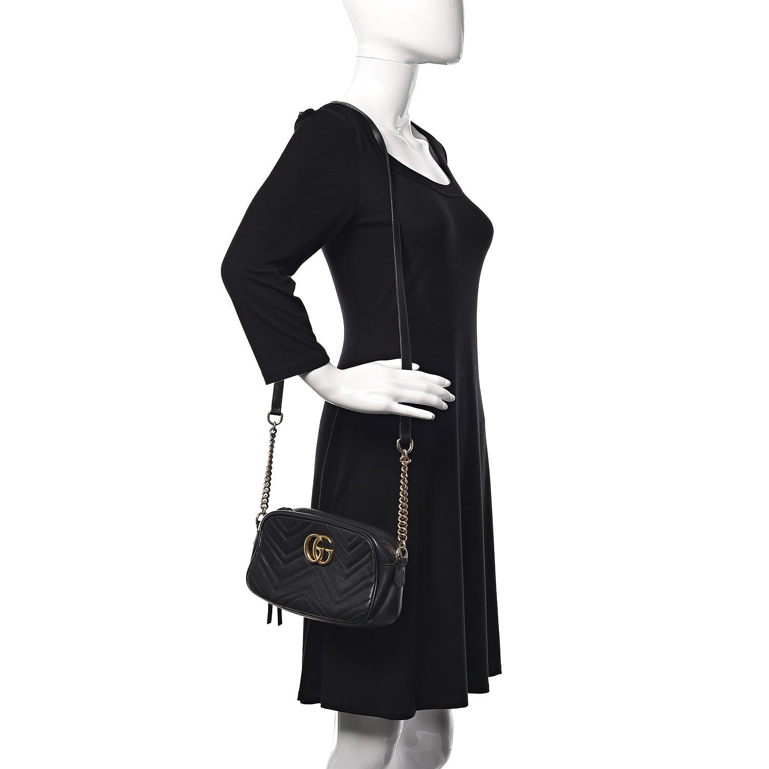 Gucci Calfskin Matelasse Small GG Marmont Chain Shoulder Bag Black 2 of 17