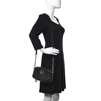 Gucci Calfskin Matelasse Small GG Marmont Chain Shoulder Bag Black 2 of 17