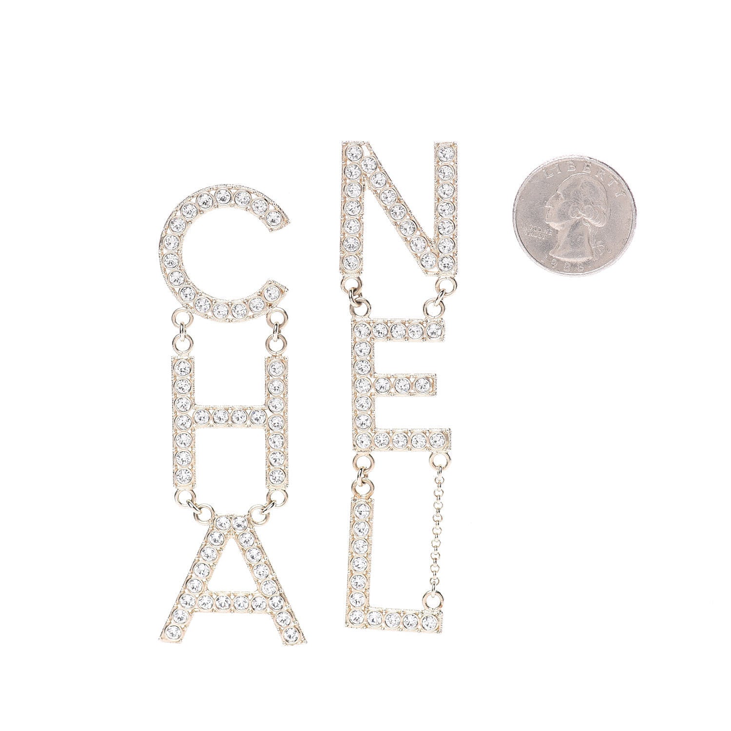 Chanel Crystal Cha-Nel Logo Drop Earrings Gold 2 of 5