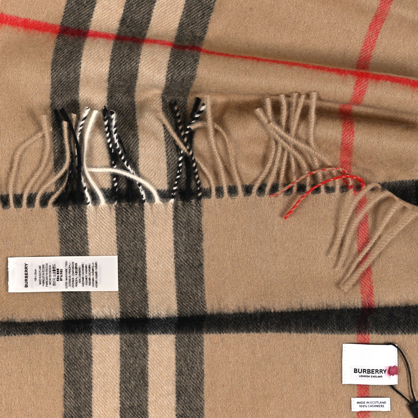 Cashmere Giant Check Fringe Scarf Archive Beige