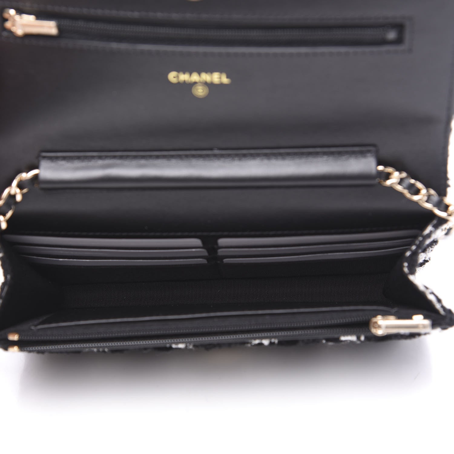 Chanel Tweed Quilted Wallet On Chain WOC Black Ecru White 4 of 10