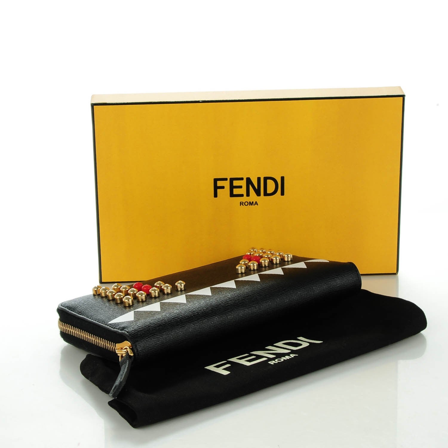 Fendi Vitello Elite Studded Monster Zip Around Wallet Black 4 of 7