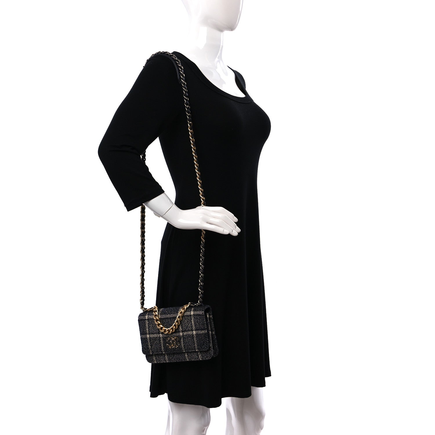 Chanel Tweed Quilted Chanel 19 Wallet On Chain WOC Grey Black Beige 2 of 10