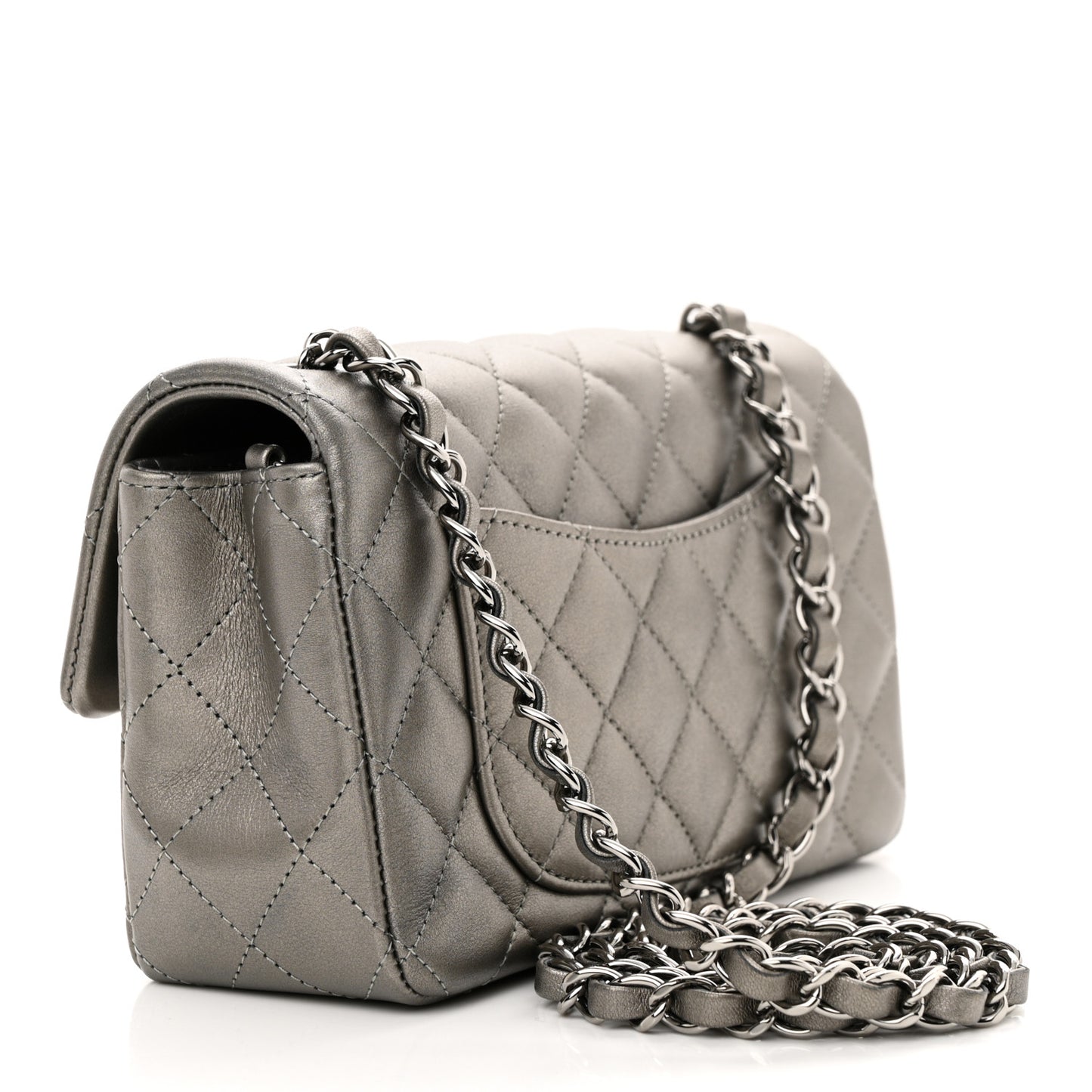 Metallic Lambskin Quilted Mini Rectangular Flap Dark Grey