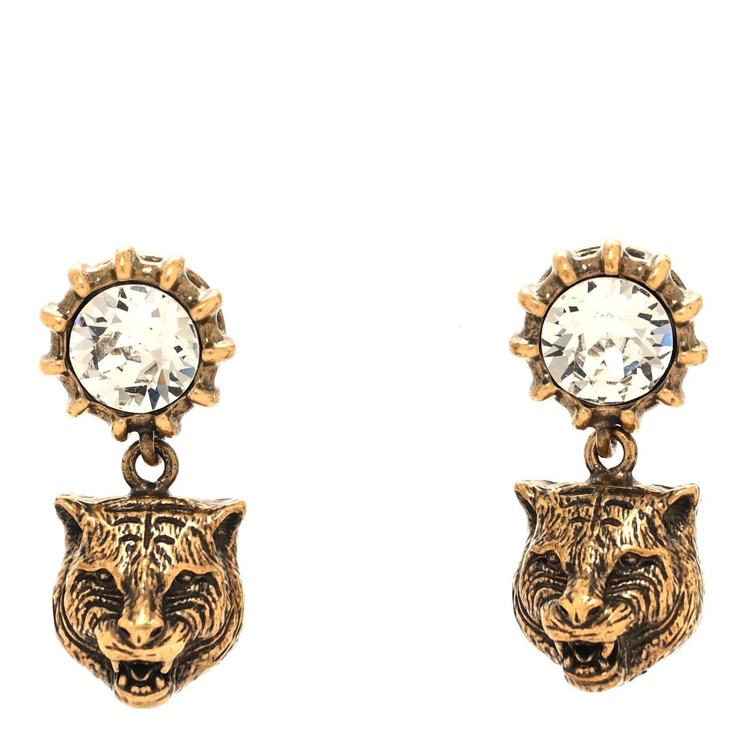 Gucci Metal Crystal Feline Head Earrings Aged Gold 1 of 4