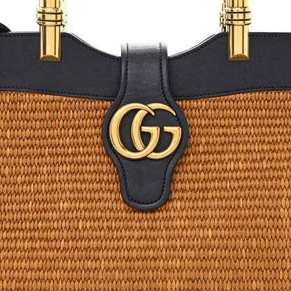 Gucci Straw Lux New Sakai Calfskin Lux Medium Dahlia Bamboo Handle Tote Bag Dark Natural Blue 10 of 14