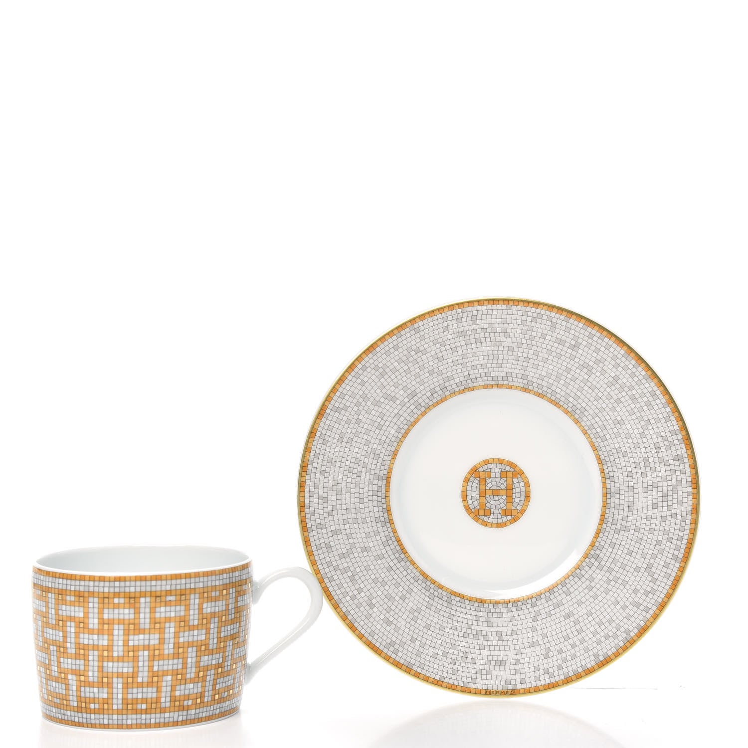 Hermes Porcelain Mosaique Au 24 Gold Tea Cup And Saucer Set Of 2 3 of 6
