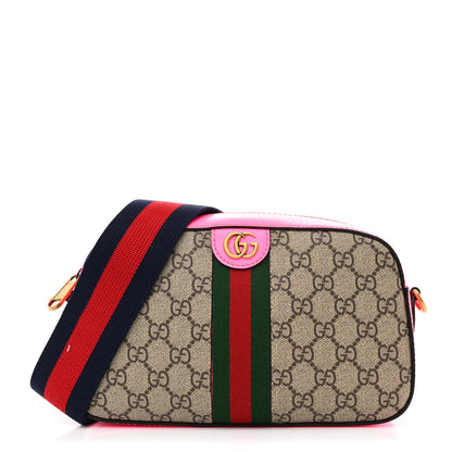 Gucci GG Supreme Monogram Textured Dollar Calfskin Web Ophidia Small Crossbody Bag Beige Ebony Fuchsia 1 of 12