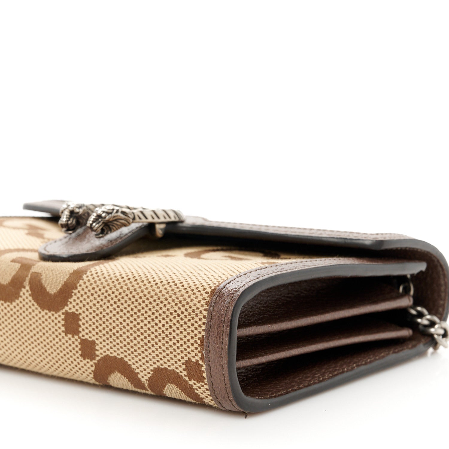 Gucci Monogram Jumbo GG Textured Dollar Calfskin Mini Dionysus Chain Wallet Camel Ebony New Acero 10 of 10