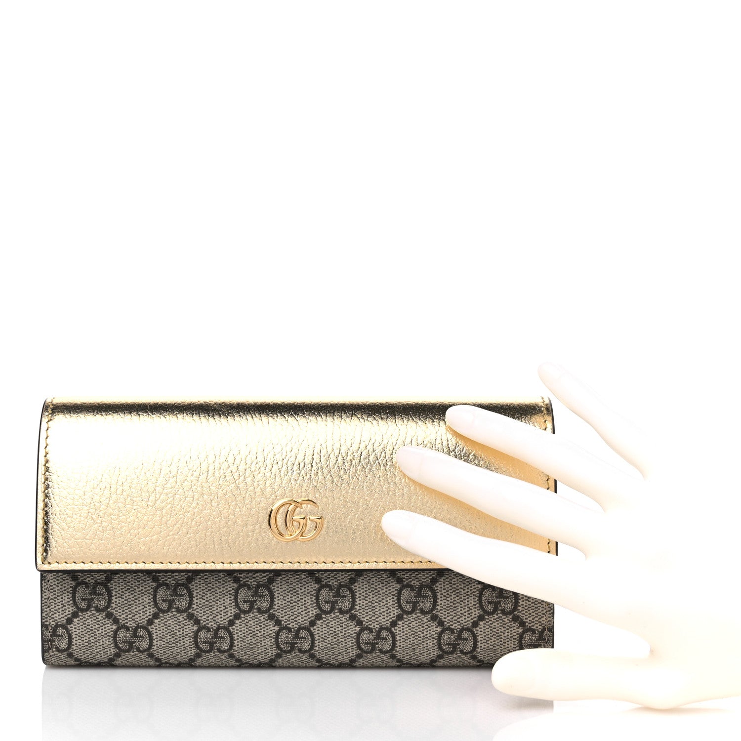Gucci Metallic Calfskin GG Supreme Monogram GG Marmont Continental Wallet Gold Beige Ebony 2 of 9