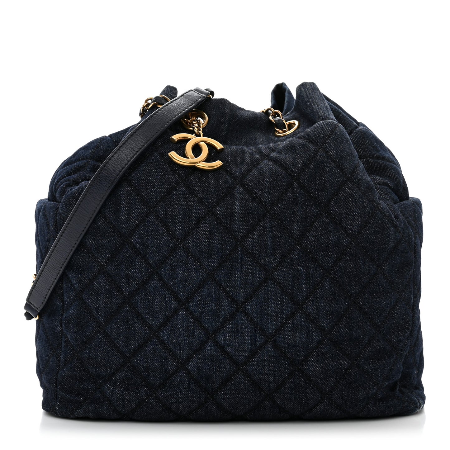 Washed Denim Quilted Small Urban Spirit Drawstring Bag Dark Blue