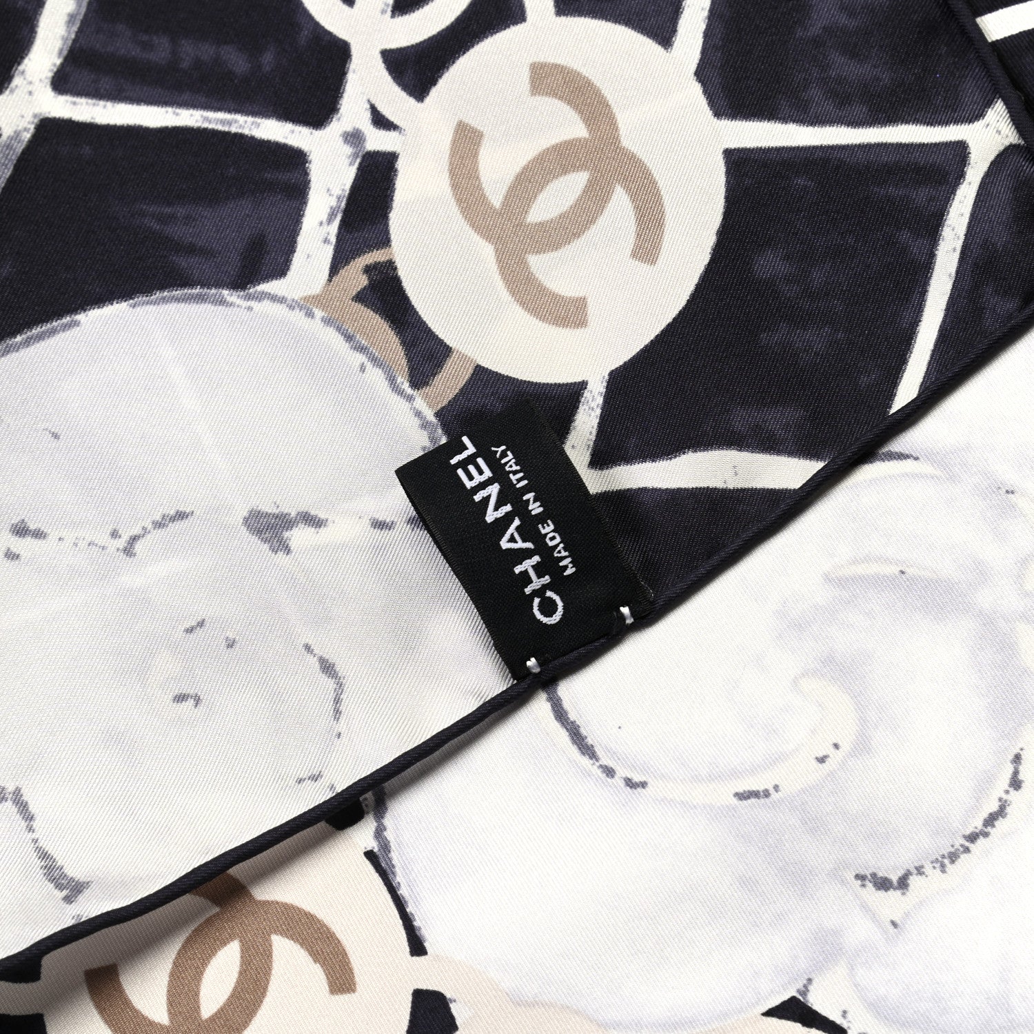 Chanel Silk CC Logo Camellia Scarf White Black 4 of 4