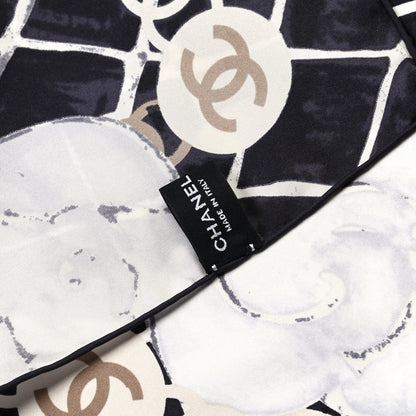 Chanel Silk CC Logo Camellia Scarf White Black 4 of 4