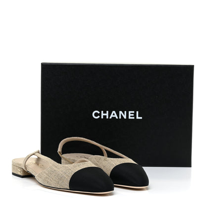 Chanel Fabric Grosgrain Cap Toe CC Slingback Flats 40 Light Beige Black 12 of 12
