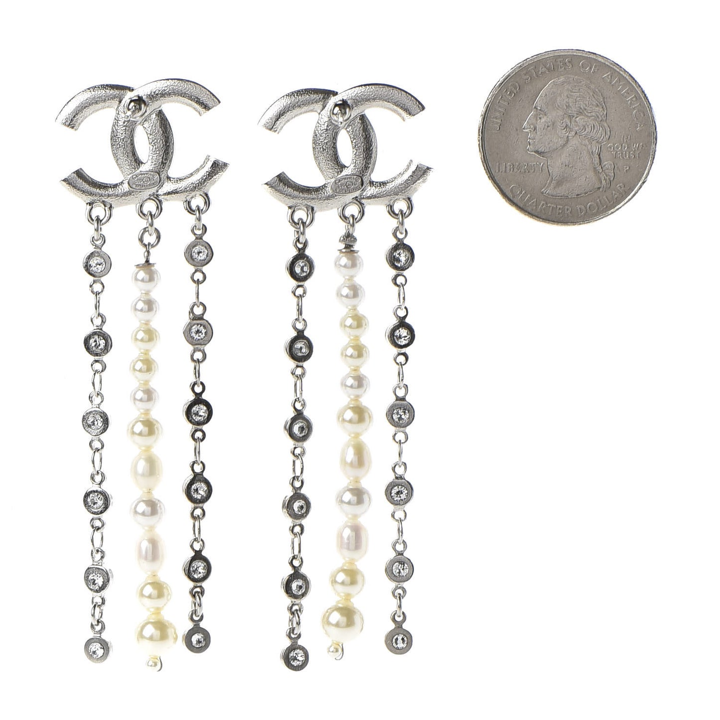 Pearl Crystal CC Dangle Earrings Silver