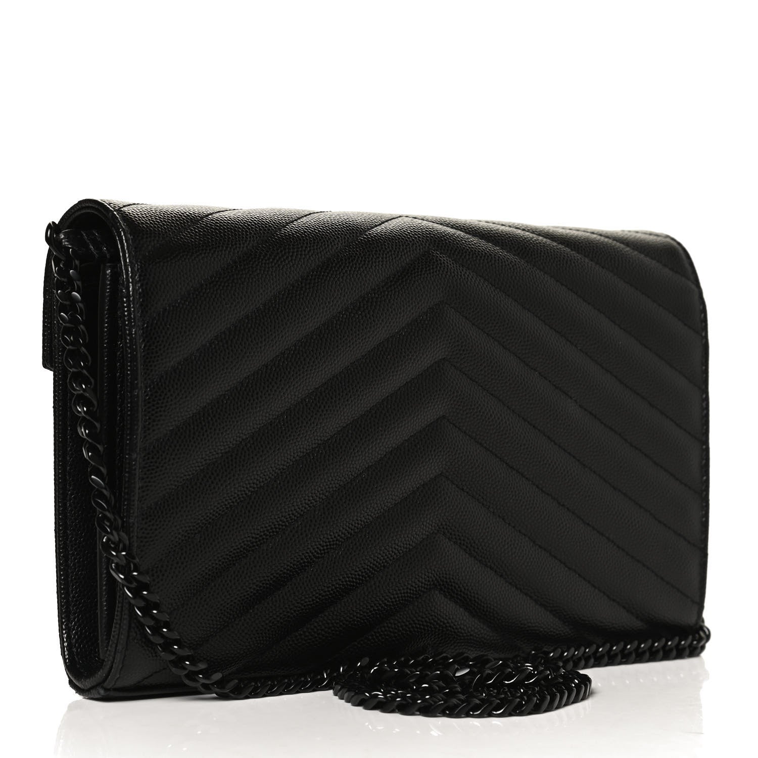 Saint Laurent Grain De Poudre Matelasse Chevron Monogram Chain Wallet Black 3 of 11