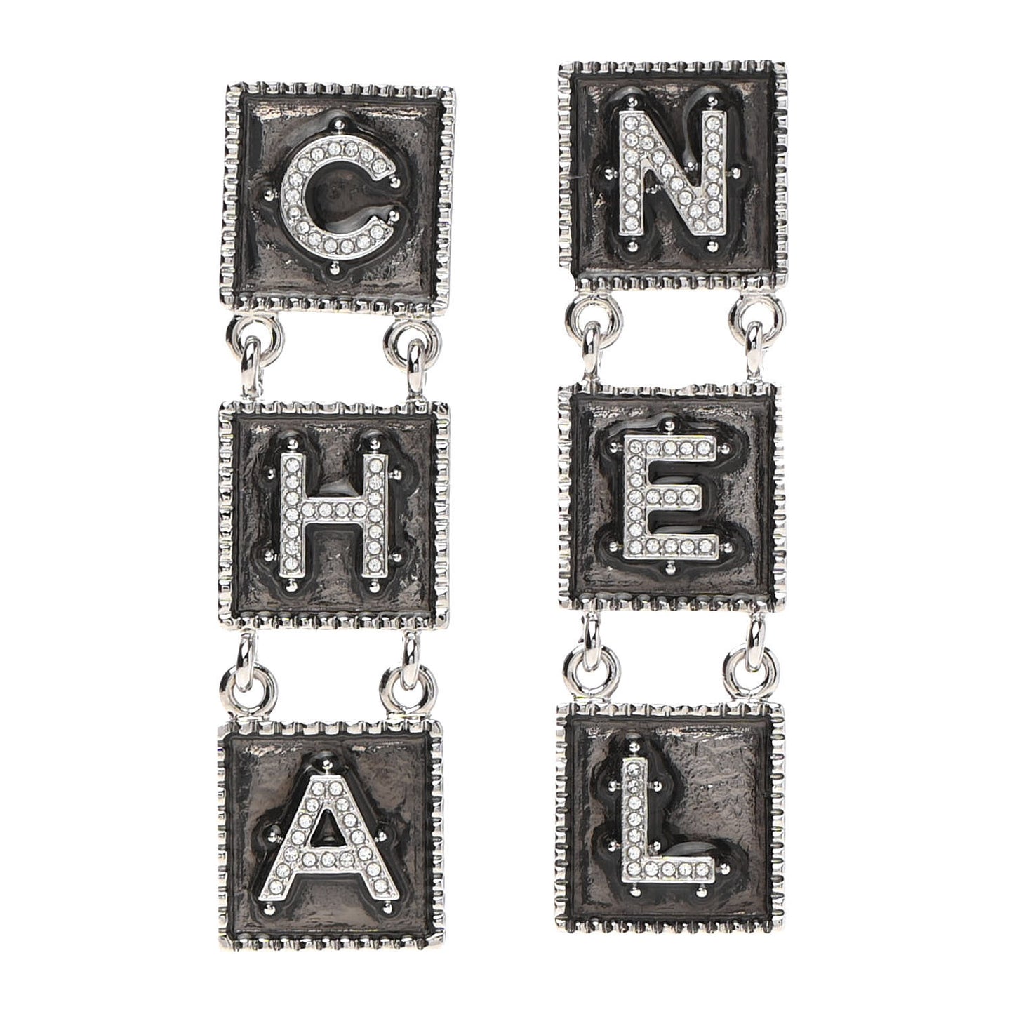 Metal Crystal Cha-Nel Logo Drop Earrings Silver