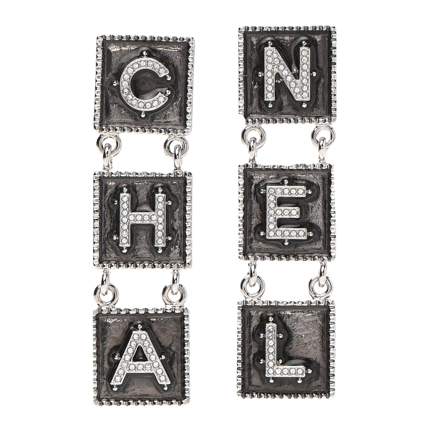Chanel Metal Crystal Cha-Nel Logo Drop Earrings Silver 1 of 4